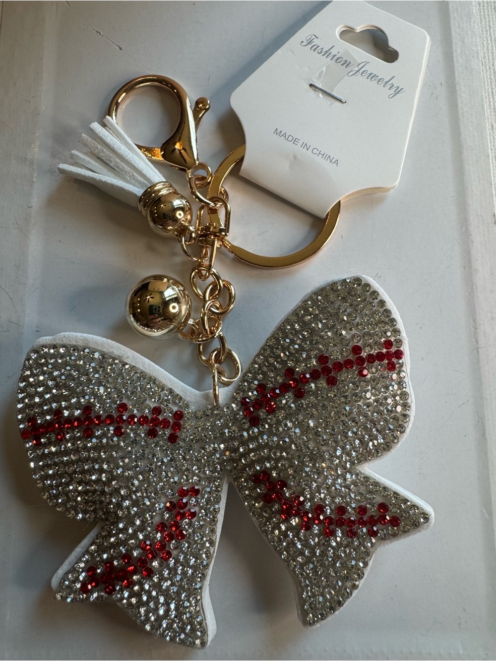 NWT Baseball bow Crystal Keychain Bag Charm - White with Red Accents